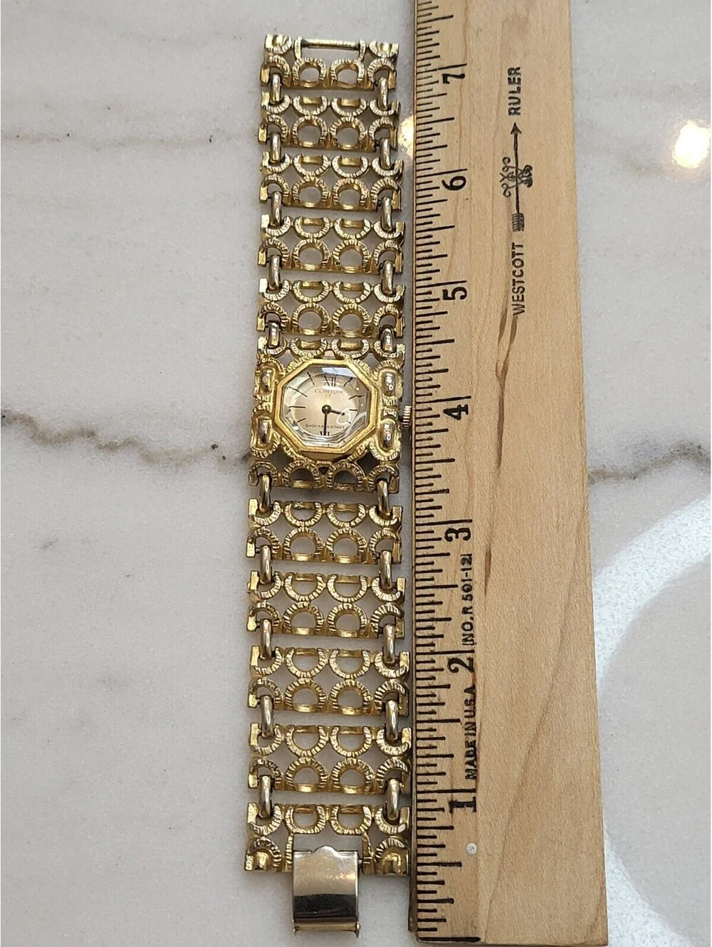 Vtg Clinton Womens Watch Goldtone Wide Bracelet Band Wind Up Works Great EUC 7
